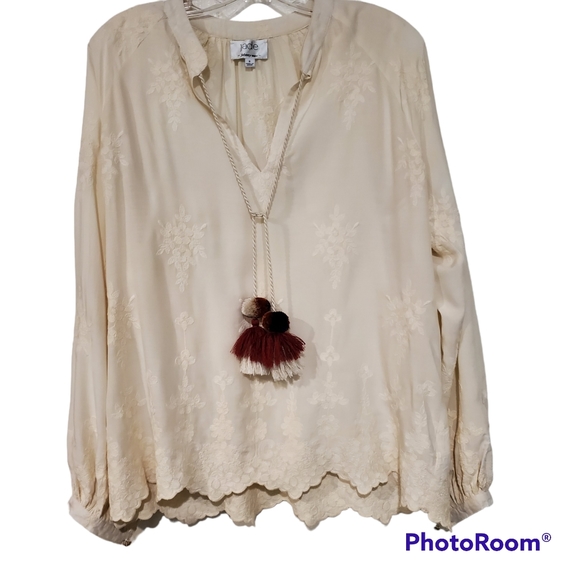 Johnny Was Jade Ivory Scalloped Hem Tunic w/ Tasseled Ties, Sz S - Picture 1 of 13